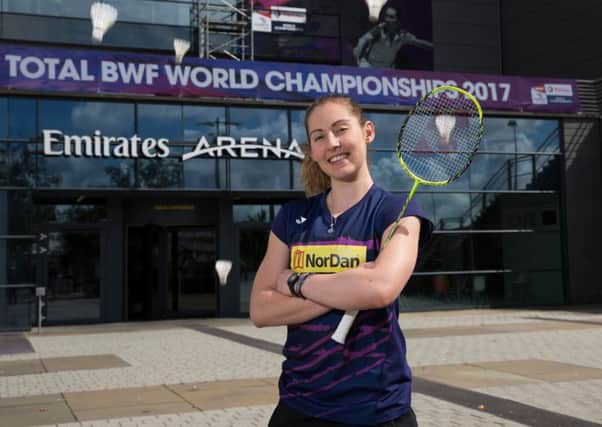 Kirsty Gilmour poses outside the Emirates Arena in Glasgow which will host the Badminton World Championships from 21-27 August. Picture: Jamie Williamson