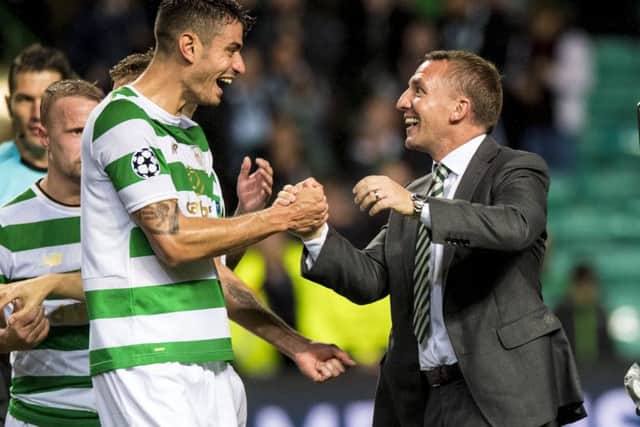 Celtic manager Brendan Rodgers and Nir Bitton at full time in the 5-0 win over Astana. Picture: Alan Harvey/SNS