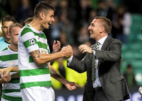Celtic manager Brendan Rodgers and Nir Bitton at full time in the 5-0 win over Astana. Picture: Alan Harvey/SNS
