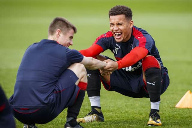James Tavernier enjoys his stretching exercises as Rangers prepare for their Ladbrokes Premiership clash with Hearts at Ibrox. Picture: SNS