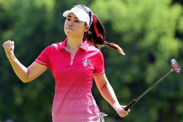 Danielle Kang celebrates after holing a putt as she helped the Americans to an afternoon clean sweep in the 15th Solheim Cup in Des Moines. Picture: Getty Images