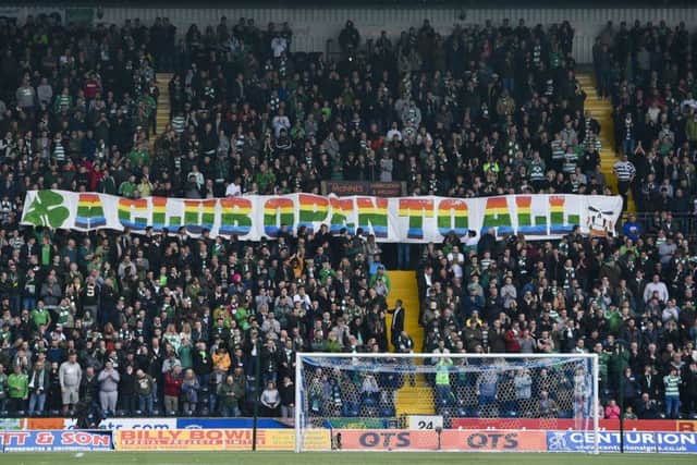 The Celtic fans unveil a banner supporting Pride. Picture: SNS/Craig Foy