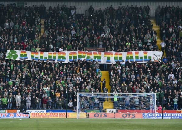 The Celtic fans unveil a banner supporting Pride. Picture: SNS/Craig Foy