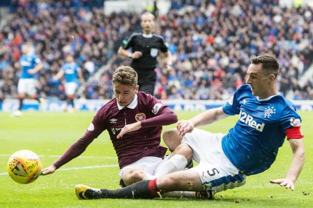 Lee Wallace and Hearts Jamie Brandon go to ground at Ibrox. Picture: SNS.