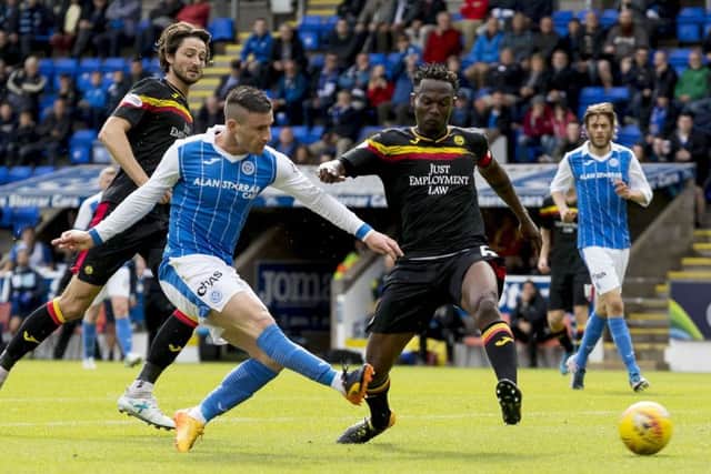 Michael OHalloran lashes home the only goal of the game at McDiarmid Park. Picture: SNS.
