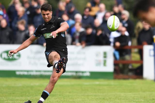 Young stand-off Adam Hastings kicks for goal during a fine performance for Glasgow against Northampton Saints. Picture: SNS/SRU
