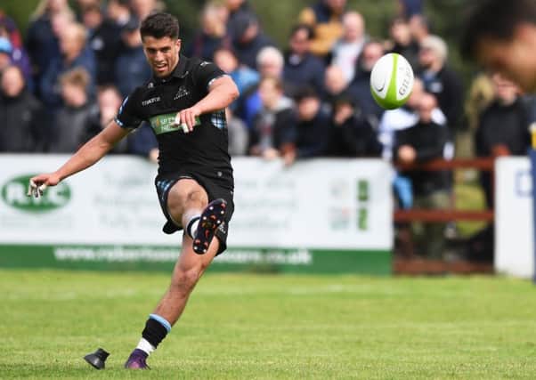 Young stand-off Adam Hastings kicks for goal during a fine performance for Glasgow against Northampton Saints. Picture: SNS/SRU