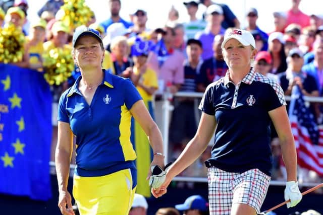 Catriona Matthew beat Stacy Lewis in what will be her last appearance in the Solheim Cup. Picture: Getty Images