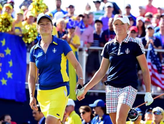 Catriona Matthew beat Stacy Lewis in what will be her last appearance in the Solheim Cup. Picture: Getty Images