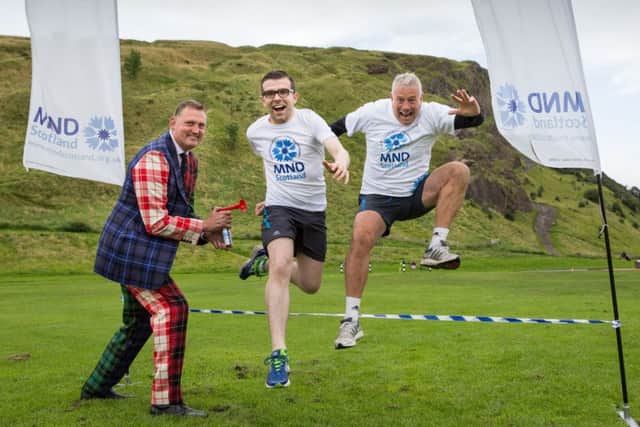 Doddle Weir, Lawrence Cowan, MND Scotland's Chairman and MND Scotland Patron, Scott Hastings. Picture: Robert Perry/Contributed