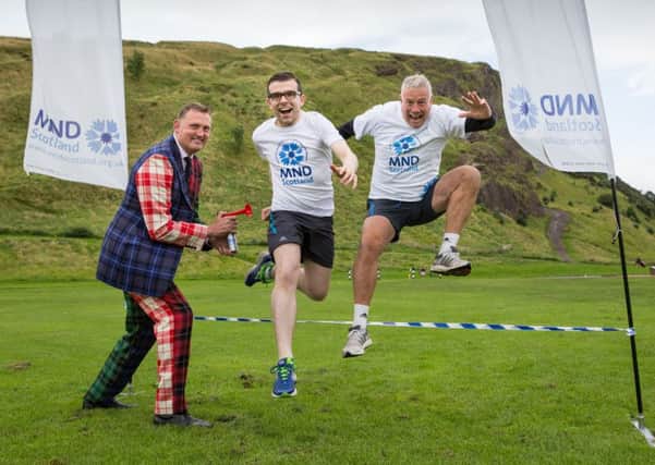 Doddle Weir, Lawrence Cowan, MND Scotland's Chairman and MND Scotland Patron, Scott Hastings.  Picture: Robert Perry/Contributed