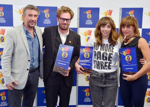 Bridget Christie, second right, receives her best comedy show award from Steve Coogan, left, in 2013, along with John Kearns, best newcomer, and panel prize winner Adrienne Truscott. Picture: Phil Wilkinson/TSPL