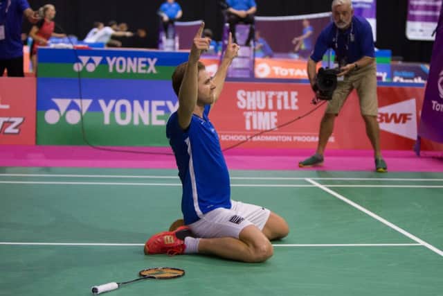 France's Brice Leverdez celebrates beating Lee Chong Wei at the TOTAL BWF World Championships. Picture: Lorraine Hill