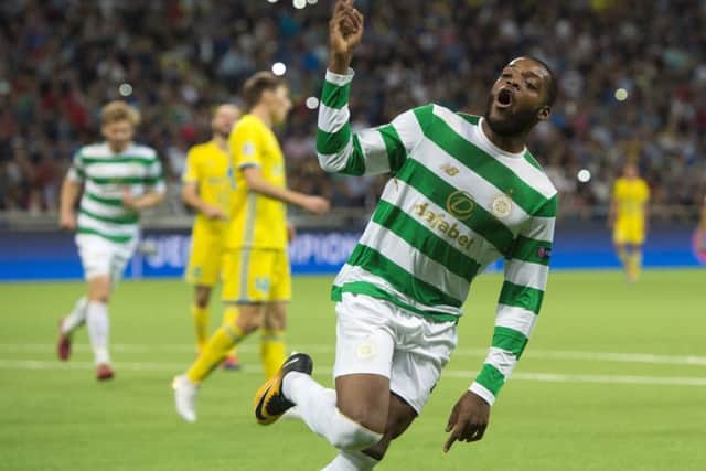 Olivier Ntcham celebrates the goal that gave Celtic breathing space in Astana. Picture: Craig Williamson/SNS