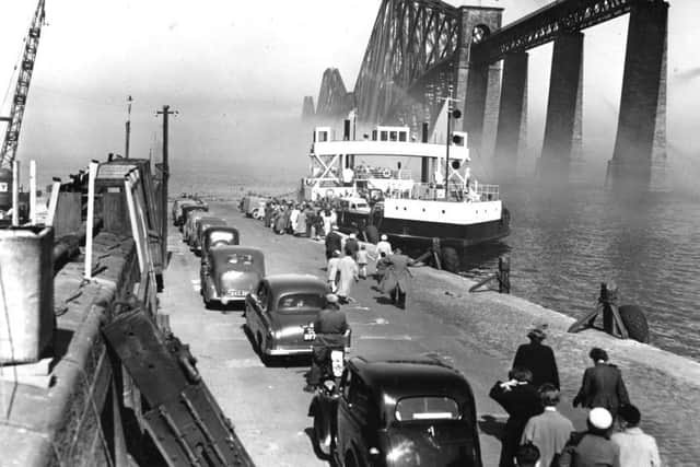 Cars queue up at South Queensferry to join the ferry on the Firth of Forth in 1956