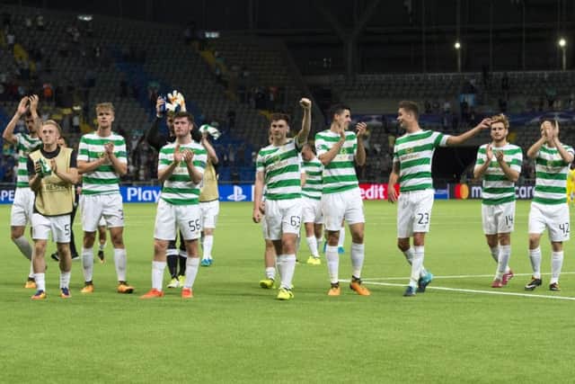 Celtic players celebrate after advancing past Astana. Picture: SNS