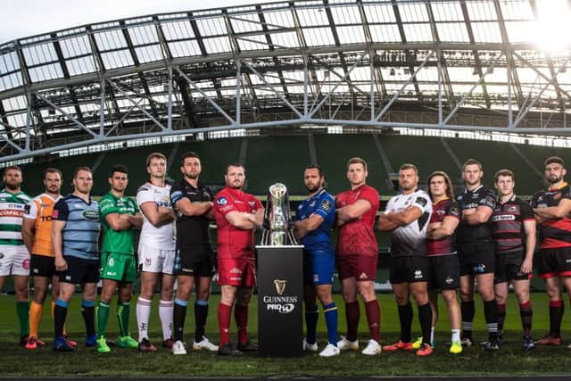 Pictured at the launch of the 2016/17 Guinness Pro14 Season (l tor) Dean Budd (Bennetton Treviso), Neill Jordan (Toyota Cheetahs), Gethin Jenkins (Cardiff Blues), Tiernan OHalloran (Connacht), Iain Henderson (Ulster), Ryan Wilson (Glasgow Warriors), Ken Owens (Scarlets), Isa Nacewa (Leinster), CJ Stander (Munster), Tommaso Castello (Zebre), CJ Velleman (Southern Kings), Dan Lydiate (Ospreys), Mark Bennett (Edinburgh) and Cory Hill (Newport Gwent Dragons). Picture: INPHO/Billy Stickland