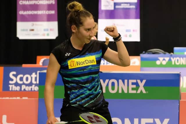 A fist pump from Kirsty Gilmour after her win at the world championships. Picture: Lorraine Hill
