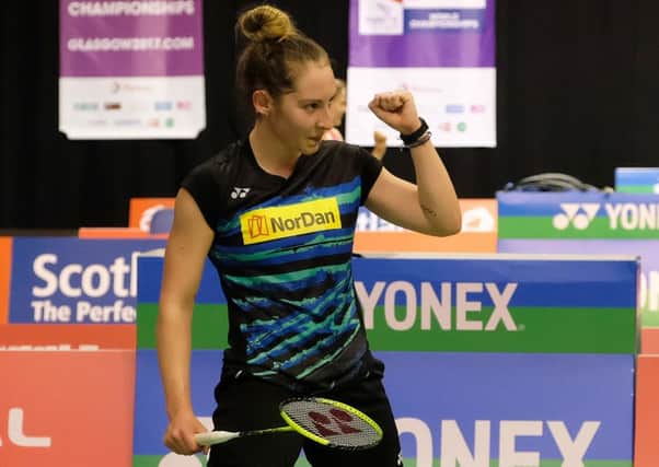 A fist pump from Kirsty Gilmour after her win at the world championships. Picture: Lorraine Hill