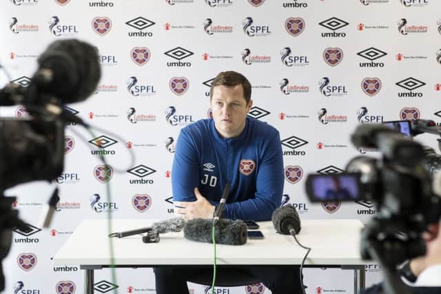 Hearts interim head coach Jon Daly speaks to the media. Picture: SNS