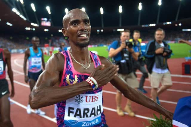 Britain's Mo Farah celebrates his win in the 5000m at the Weltklasse Diamond League meeting in Zurich. Picture: Robert Hradil/Getty Images