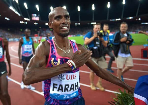 Britain's Mo Farah celebrates his win in the 5000m at the Weltklasse Diamond League meeting in Zurich. Picture: Robert Hradil/Getty Images