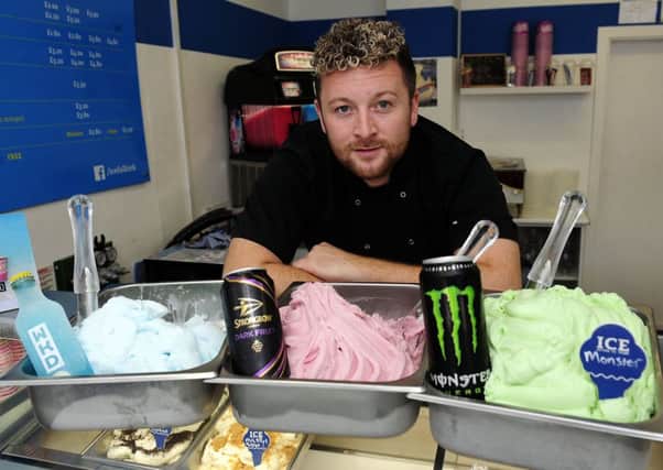 Kyle Gentleman from ICE of Redding in Falkirk makes WKD, Strongbow and Monster energy drink flavoured ice creams. Picture: Centre Press