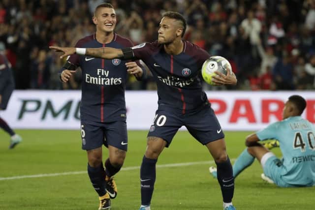 Paris Saint-Germain forward Neymar celebrates after scoring against Toulouse. Picture: AFP/Getty.