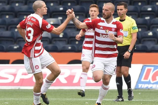 Hamilton's Giannis Skondras celebrates his goal. Picture: SNS