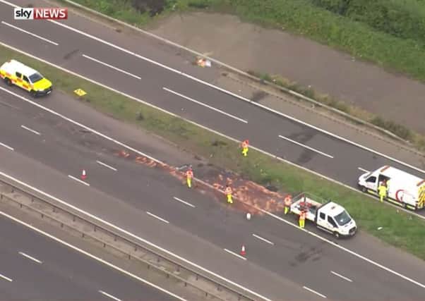 A picture from Sky News of the scene on the M1 near Newport Pagnell after six men and two women were killed when their minibus and two lorries crashed on the motorway.