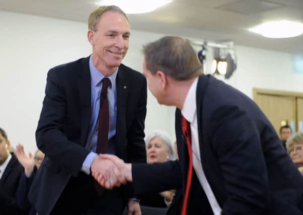 Scottish Labour leadership announcement. Jim Murphy being congradulated by Neil Findlay.