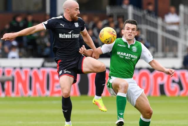 Dundee's James Vincent and Hibernian's John McGinn. Picture: SNS/Craig Foy