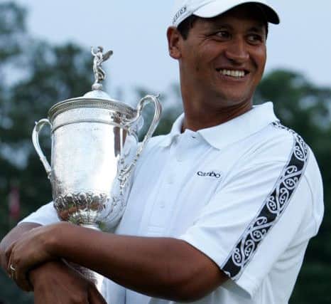 Michael Campbell cradles the US Open trophy after his two-shot win at Pinehurst in 2005. Picture: Getty Images