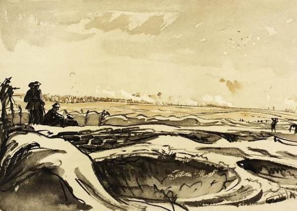 Watching our Artillery Fire on Trones Wood from Montauban, 1918,
 by Muirhead Bone