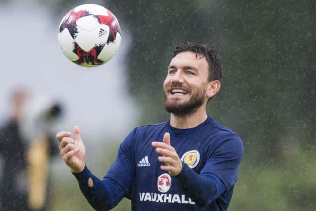 Robert Snodgrass with a smile on his face during Scotland training. Picture: SNS.