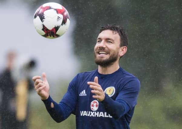 Robert Snodgrass with a smile on his face during Scotland training. Picture: SNS.
