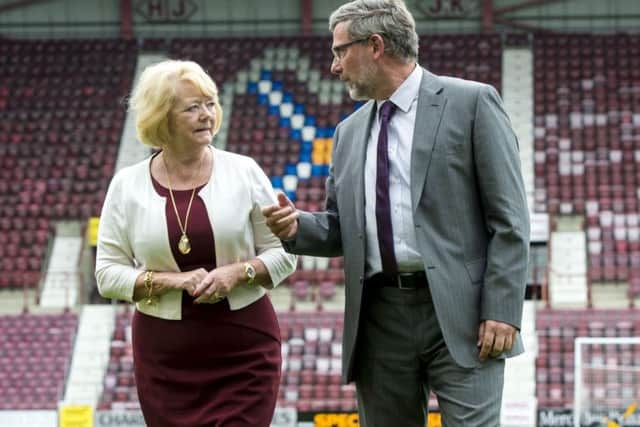Hearts owner Ann Budge and newly re-appointed manager Craig Levein. Picture: SNS.