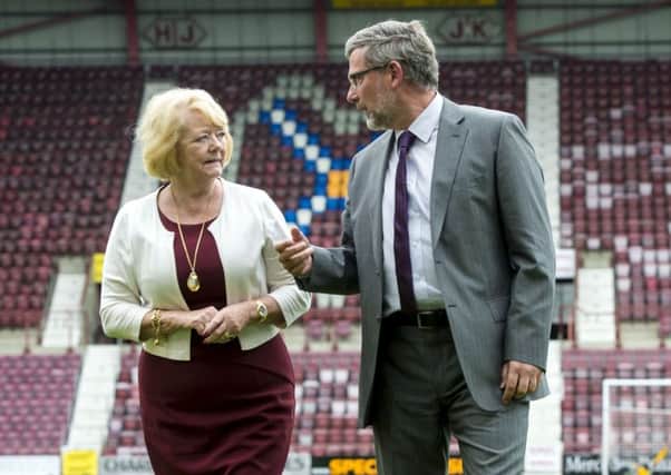 Hearts owner Ann Budge and newly re-appointed manager Craig Levein. Picture: SNS.