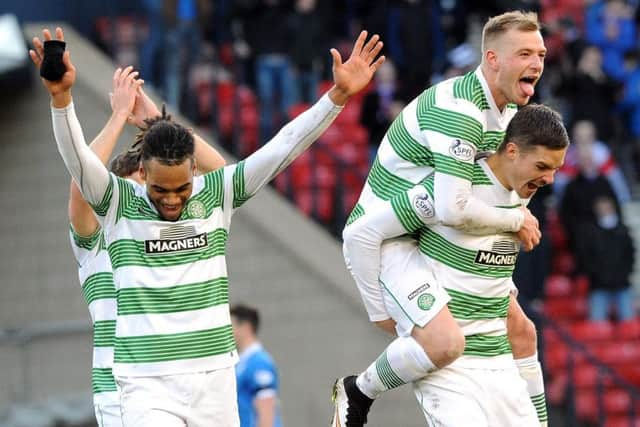 Jason Denayer, left, celebrating after Celtic defeated Rangers in the 2015 League Cup semi-final. Picture: Lisa Ferguson