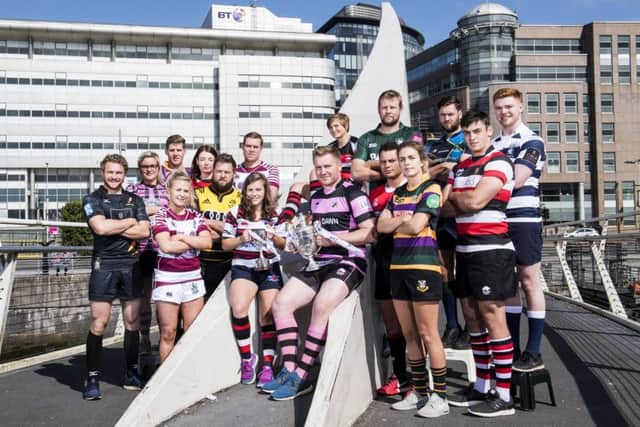 BT Premiership and BT Premier League players at the launch of the new league season in Glasgow:   Back (L-R): Laura Turner (Ayr), Angus Johnston (Marr), Jenny Menday (Stirling County), Callum Harvey (Watsonians) Nina Lindstorm Friggens (Corstophine Cougars), Craig Hamilton (Hawick), Sean Corrigall (Boroughmuir), Martin Hughes (Heriot's)    Front (L-R): Fergus Scott (Currie), Charlotte Runcie (Watsonians), Nick Beavon (Melrose), Rachel Law (Murrayfield Wanderers), Pete McCallum (Ayr), Paddy Boyer (Glasgow Hawks), Sirri Topping (Cartha Queens Park), Hamilton Burr (Stirling County). Picture: Gary Hutchison/SNS/SRU