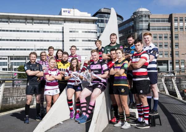 BT Premiership and BT Premier League players at the launch of the new league season in Glasgow:   Back (L-R): Laura Turner (Ayr), Angus Johnston (Marr), Jenny Menday (Stirling County), Callum Harvey (Watsonians) Nina Lindstorm Friggens (Corstophine Cougars), Craig Hamilton (Hawick), Sean Corrigall (Boroughmuir), Martin Hughes (Heriot's)    Front (L-R): Fergus Scott (Currie), Charlotte Runcie (Watsonians), Nick Beavon (Melrose), Rachel Law (Murrayfield Wanderers), Pete McCallum (Ayr), Paddy Boyer (Glasgow Hawks), Sirri Topping (Cartha Queens Park), Hamilton Burr (Stirling County). Picture: Gary Hutchison/SNS/SRU