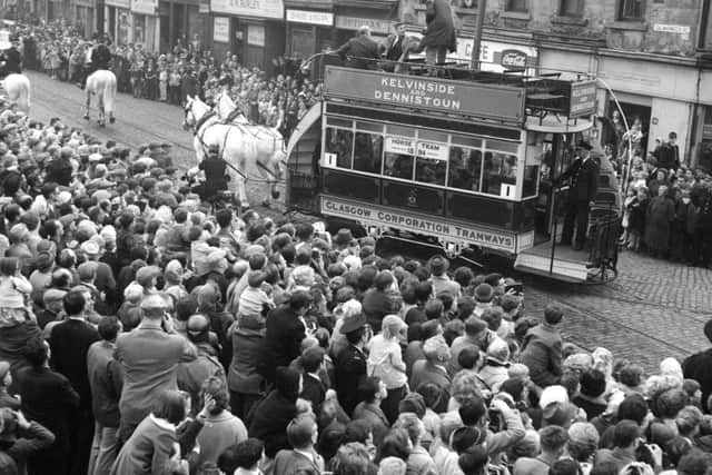 An 1894 tram pulled by white horses led the way in the procession that marked the end of an era in Glasgow public transport: PIC: TSPL.