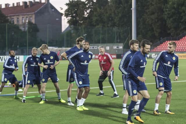 Scotland players train at the LFF Stadium in Vilnius. Picture: Mindaugas Kulbis/AP