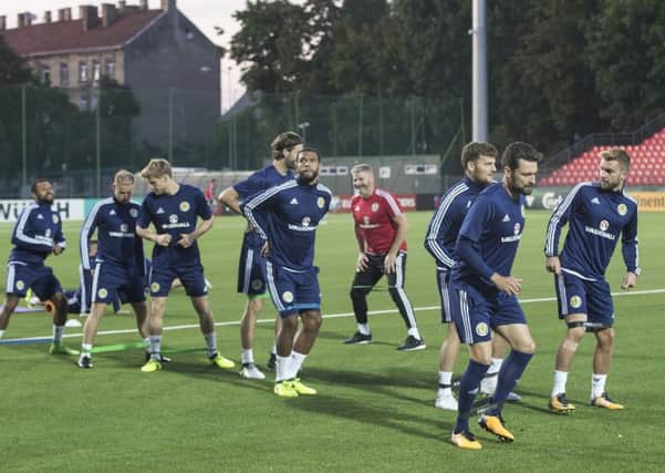 Scotland players train at the LFF Stadium in Vilnius. Picture: Mindaugas Kulbis/AP