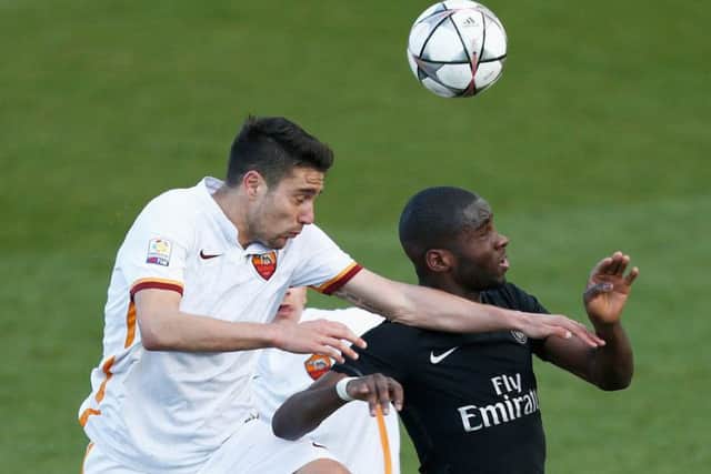 Edouard battles for the ball with Riccardo Marchizza of Roma during a UEFA Youth League match in March 2016. Picture: Getty Images