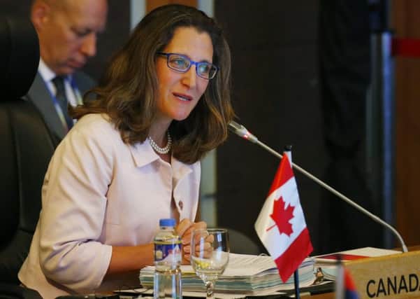Canada's Foreign Minister Chrystia Freeland delivers her statement at the ASEAN-Canada Ministerial Meeting during the 50th Association of Southeast Asian Nations (ASEAN) regional security forum. Picture: BULLIT MARQUEZ/AFP/Getty Images