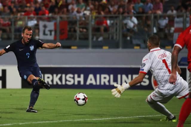Harry Kane scores Englands opening goal in their 4-0  victory over Malta. Picture: Getty.