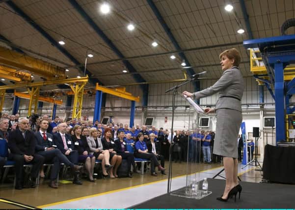 First Minister Nicola Sturgeon makes a keynote speech at Spirit Aerospace in Prestwick on Thursday. Picture: Andrew Milligan/Getty Images