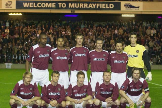 Hearts players line up for the clubs first game at Murrayfield, against Braga. To date, its the only time Craig Levein has managed at the ground.  Photographs: SNS