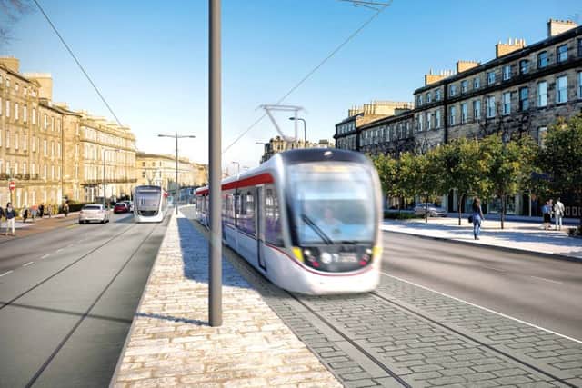 A computer generated image of how the trams would look on Leith Walk.